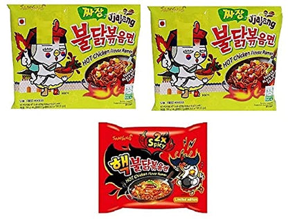 Samyang Korean Ramen Buldak Jijang Flavour Spicy Noodles PacK2 & Buldak Hot Chicken Ramen 2X Spicy Noodles PacK1(Pack of 3) (420gm) (Imported) Instant Noodles Non-vegetarian (3x140 g)(Combo Pack)