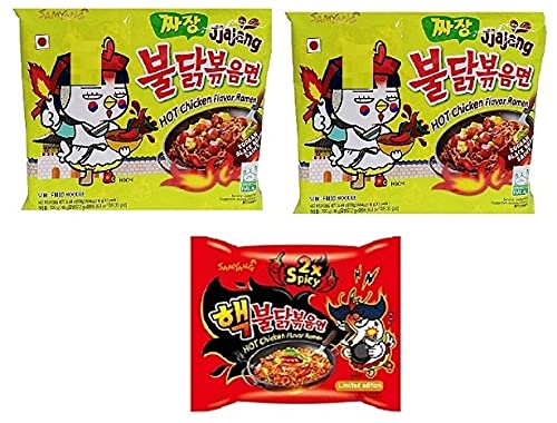 Samyang Korean Ramen Buldak Jijang Flavour Spicy Noodles PacK2 & Buldak Hot Chicken Ramen 2X Spicy Noodles PacK1(Pack of 3) (420gm) (Imported) Instant Noodles Non-vegetarian (3x140 g)(Combo Pack)