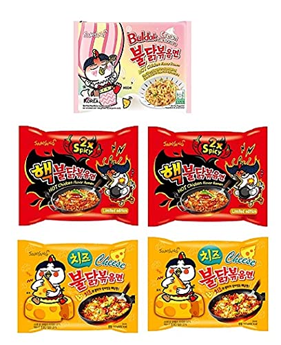 Sam Yang Buldak 2X Spicy Noodles 2 & Buldak Cheese Spicy Noodles 2 &Cream Carbonora 1 Noodles (Pack of 5) (700 grams) (Imported) Instant Noodles Non-vegetarian (5x140 grams)(Combo Pack)