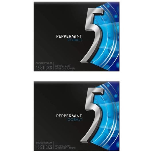 5 Cobalt Peppermint, Sugar-Free Gum, 15 Sticks, 2 x 40.5g - Refresh Your Breath!