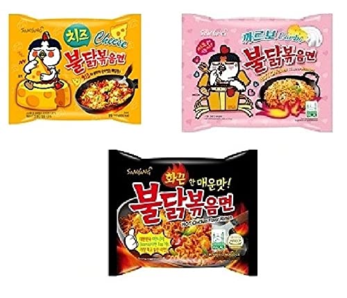 Samyang Korean Buldak Cheese Noodles PK1 & Buldak Carbo Noddles PK1 & Buldak Stirefried Pk1(420Gm)(Imported) Pack of 3 (Non - Vegetrian)