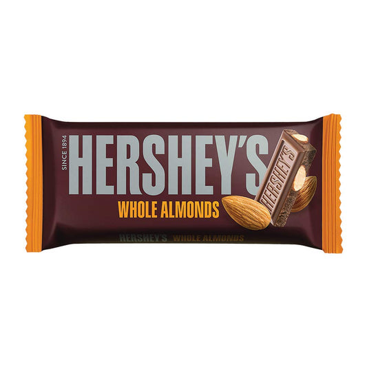 HERSHEY'S Whole Almonds Bar | A Crunchy Chocolaty Treat 40g - Pack of 8 - Crunchy whole almonds in milk chocolate, pack of 8, 40g each.