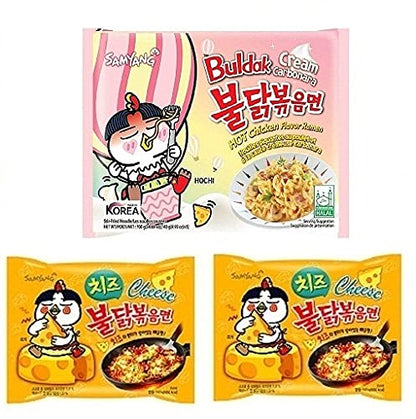 Samyang Cheese Noodles PK2 & Buldak Cream Carbonara Noodles PK1(Pack of 3) (420gm) (Imported) Instant Noodles Non-vegetarian (3x140 g)(Combo Pack)