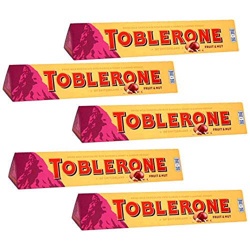 Toblerone of Switzerland Fruit & Nut with Raisins, Honey and Almond Chocolate Bar - 5 Pack, 5 X 100 g