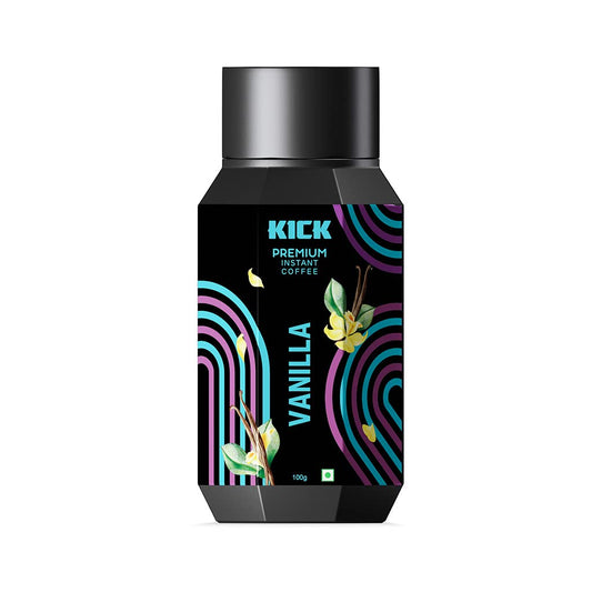 Kick Coffee | Premium Instant Coffee | Vanilla Flavor | 100g | Makes 50+ cups - Savor the smooth and creamy flavor of vanilla in Kick Coffee Premium Instant Coffee, 100g, makes 50+ cups.