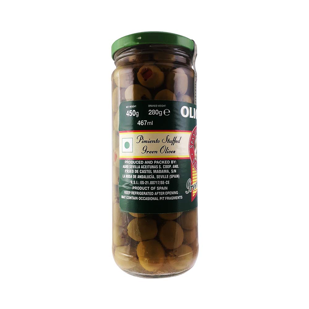 Olicoop Green Stuffed Olives, 450g, Product of Spain - "Spanish stuffed olive delight!"