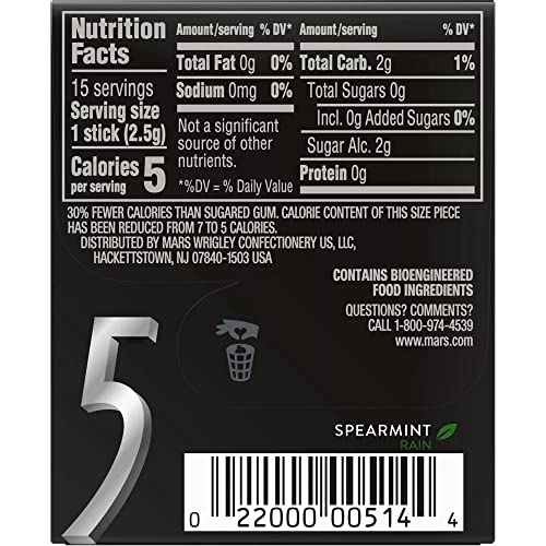 5 Rain Spearmint Sugar Free Gum, 15 Sticks, 40.5g - Spearmint Sensation!