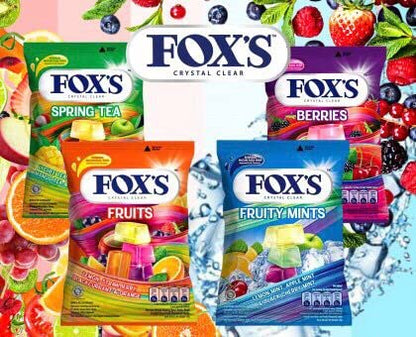 Fox's Crystal Clear Spring Tea Candy, 90g [Lychee Tea, Apple Tea, Mango Tea, Peach Tea Candy] (Fox's Tea- 90g x 4) - Four-pack assorted tea candy!