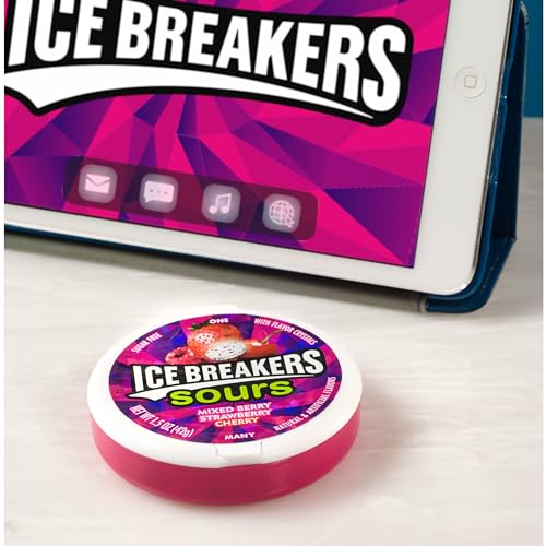 ICE BREAKERS Sours Mints, (Mixed Berry, Strawberry, Cherry), Sugar Free, 1.5 Ounce Container (Count of 8) - A trio of berry, strawberry, and cherry sours, sugar-free, 8 containers of 1.5 oz each for ultimate variety.