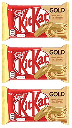 Nestlé Kitkat Gold Golden White Choc For A Deliciously Caramelised Break 4 Fingers 45G Pack Of 3 - "KitKat Gold - Pack of 3, 45g Each of Caramelised Golden Chocolate!"