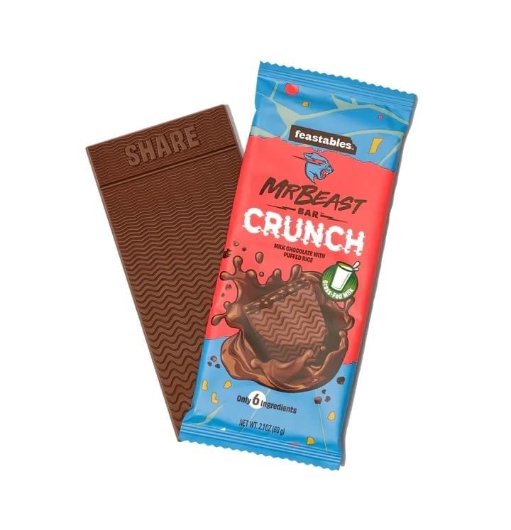 Mr. Beast Bar CRUNCH Milk Chocolate With Puffed Rice Crunch Bars - Made with Grass-Fed Milk Chocolate and Organic Cocoa. Only 6 Ingredients, 2.1 Oz 60g - "Beast Bar Crunch!"