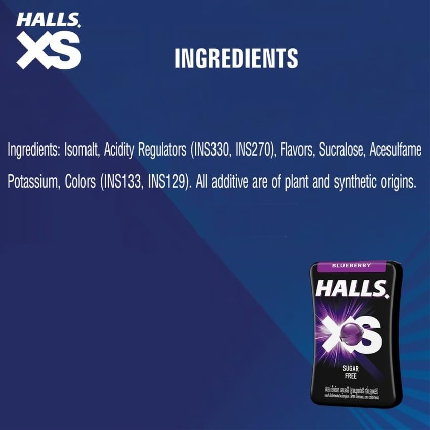 Halls XS Flavored Sugar Free Candy 13.8g Each - Pack of 12 (Blueberry) - A bulk pack of sugar-free blueberry candies.