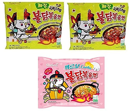 Samyang Korean Ramen Buldak Jijang Flavour Spicy Noodles PacK2 & Buldak Hot Chicken Carbo Flavour Noodles PacK1(Pack of 3) (420gm) (Imported) Instant Noodles Non-vegetarian (3x140 g)(Combo Pack)