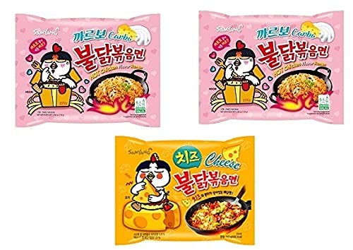 Sam Yang Korean Ramen Buldak Carbo Flavour Spicy Noodles Pack2&Buldak Hot Chicken Cheese Noodles Pack1(Pack Of 3) (420Gm) (Imported) Instant Noodles Non-Vegetarian (3X140 Grams)(Combo Pack)