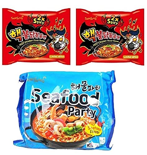 Samyang Buldak 2X Spicy Noodles 2 & Buldak Seafood 1 (Pack of 3) (420gm) (Imported) Instant Noodles Non-vegetarian (3x140 g)(Combo Pack)