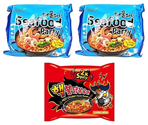 Samyang Korean Buldak Seafood Flavour PK2 & Buldak 2XSpicy Flavour Spicy Noddles PK1(355Gm)(Imported) Pack of 3 (Non - Vegetrian)