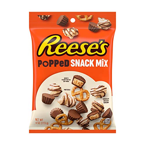 Hershey's Reese's Popped Snack Mix Sweet & Salty Mix with Reese's Peanut Butter Cup Minis, Reese's Pieces Peanut Butter Candy Covered Peanuts, Pretzels & Chocolate Drizzled Popcorn, 113g - A sweet and salty mix of Reese's delights, 113g.