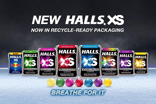 Halls XS Flavored Sugar Free Candy 13.8g Each - Pack of 12 (Blueberry) - A bulk pack of sugar-free blueberry candies.