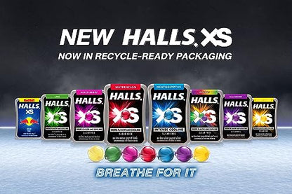 Halls XS Flavored Sugar Free Candy 13.8g Each - Pack of 12 (Blueberry) - A bulk pack of sugar-free blueberry candies.