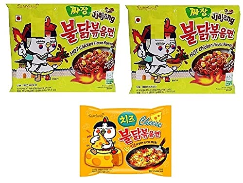 Samyang Korean Ramen Buldak Jijang Flavour Spicy Noodles PacK2 & Buldak Hot Chicken Cheese flavour Noodles PacK1(Pack of 3) (420gm) (Imported) Instant Noodles Non-vegetarian (3x140 g)(Combo Pack)