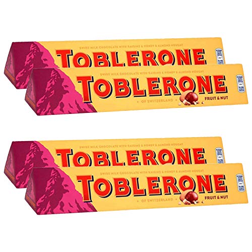 Toblerone of Switzerland Fruit & Nut with Raisins, Honey and Almond Chocolate Bar - 4 Pack, 4 X 100 g