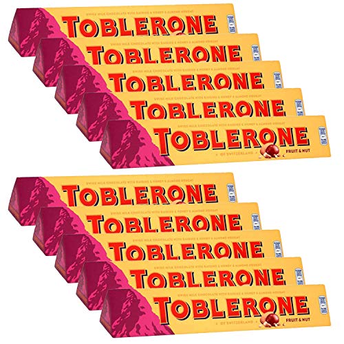 Toblerone of Switzerland Fruit & Nut with Raisins, Honey and Almond Chocolate Bar - 10 Pack, 10 X 100 g