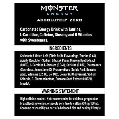 Monster Absolute No Sugar Energy Drink 500ml, (Pack of 12 X 500ml each) - "Sugar-Free Energy Boost!"