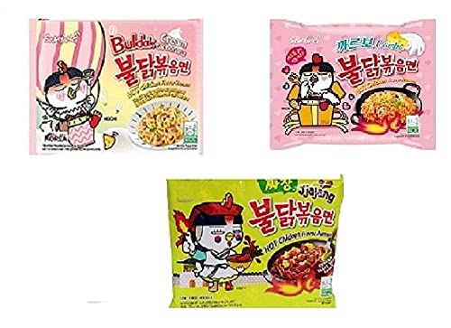 Samyang Korean Buldak Cream Carbonara Noodles PK1 & Buldak Carbo Noddles PK1 & Buldak Jijang Pk1(420Gm)(Imported) Pack of 3 (Non - Vegetrian)