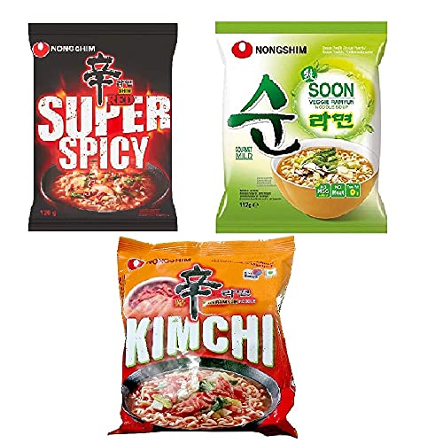 Nong shim Red Super Spicy, Veggie Noodles & Kimchi Instant Noodles 120gm*3Pack (Pack of 3) - "Nong Shim Red Super Spicy Veggie & Kimchi - 3 Pack, 120g Each of Fiery Flavor!"