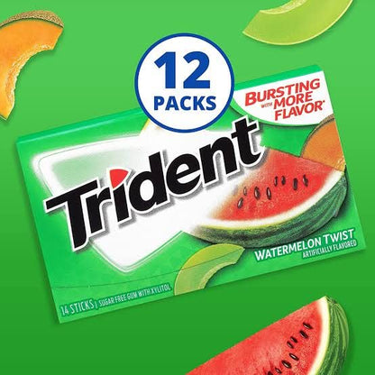 Trident Imported Sugar-Free Gum - Watermelon Flavor, 14 Count (Pack of 12) - Burst of Juicy Refreshment!