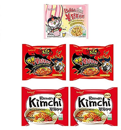 Samyang Buldak 2X Spicy Noodles 2 & Ramen Kimchi Spicy Noodles 2 &Cream Carbonora 1 Noodles (Pack of 5) (700gm) (Imported) Instant Noodles Non-vegetarian (5x140 g)(Combo Pack)