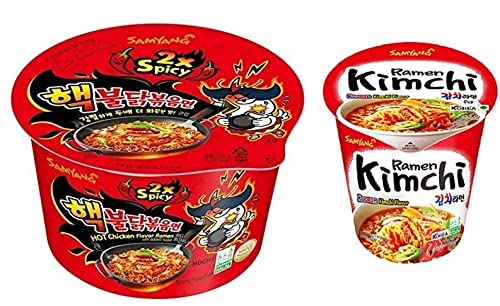 Samyang Buldak 2XSpicy Bowl Noodles PK1 (105Gm)&Kimchi Cup Noodles PK1 70gm (Pack of 2) 175Gm (Imported) Combo Pack