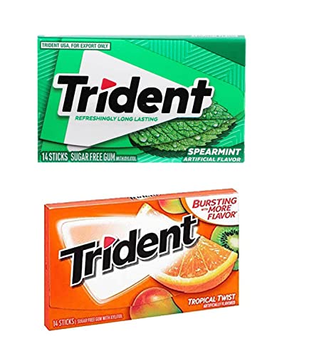 Trident Sugar Free Chewing Gum Spearmint Flavor 14 Sticks, 26 G And Tropical Flavor 14 Sticks, 26 G