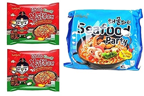 Samyang Buldak kimchi Noodles 2 & Buldak Seafood Noodles1 (Pack of 3) (420gm) (Imported) Instant Noodles Non-vegetarian (3x140 g)(Combo Pack)