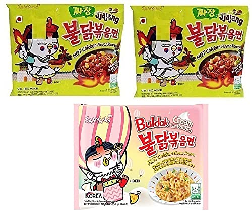 Samyang Korean Ramen Buldak Jijang Flavour Spicy Noodles PacK2 & Buldak Hot Chicken CreamCarbonara Noodles PacK1(Pack of 3) (420gm) (Imported) Instant Noodles Non-vegetarian (3x140 g)(Combo Pack)