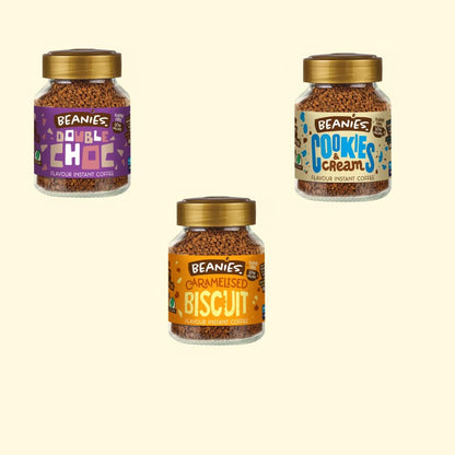 BEANIES | Flavour Instant Coffee | Double Chocolate 50g | Cookies & Cream 50g | Caramelised Biscuit 50g | low calorie | sugar free | Pack of 3 - Indulge your senses, guilt-free