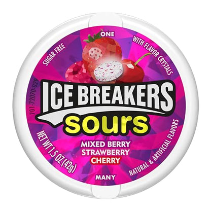 ICE BREAKERS Sours Mints, (Mixed Berry, Strawberry, Cherry), Sugar Free, 1.5 Ounce Container (Count of 8) - A trio of berry, strawberry, and cherry sours, sugar-free, 8 containers of 1.5 oz each for ultimate variety.