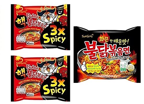 Samyang Buldak 3X Spicy Noodles 2 & Buldak StireFried 1 (Pack of 3) (420gm) (Imported) Instant Noodles Non-vegetarian (3x140 g)(Combo Pack)