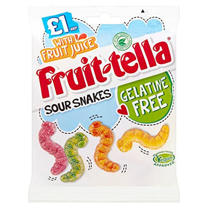 Fruit-tella Sour Snakes with Fruit Juice,100g - Sour snakes with fruit juice! A tangy and chewy treat that's bursting with fruity flavors!