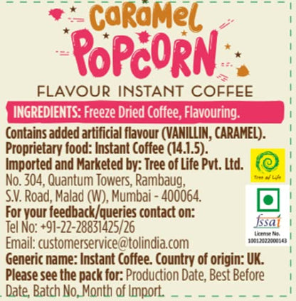 Beanies | Instant Flavoured Coffee | Caramel Popcorn | Low Calorie, Sugar Free | 50 g | Pack of 1 - Popcorn magic in a cup