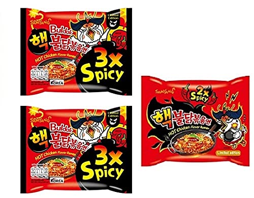 Samyang Buldak 3X Spicy Noodles 2 & Buldak 2XSpicy (Pack of 3) (420gm) (Imported) Instant Noodles Non-vegetarian (3x140 g)(Combo Pack)