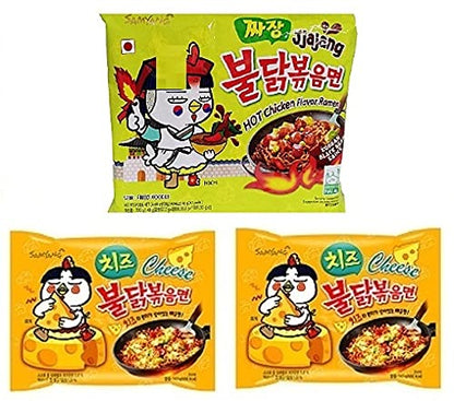 Samyang Cheese Noodles PK2 & Buldak Jijang Noodles PK1(Pack of 3) (420gm) (Imported) Instant Noodles Non-vegetarian (3x140 g)(Combo Pack)