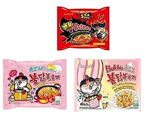 Samyang Korean Buldak 2XSpicy Noodles PK1 & Buldak Carbo Noddles PK1 & CreamCarbonaraPk1(420Gm)(Imported) Pack of 3 (Non - Vegetrian)