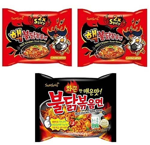 Samyang Buldak 2X Spicy Noodles 2 & Buldak Stirefried 1 (Pack of 3) (420gm) (Imported) Instant Noodles Non-vegetarian (3x140 g)(Combo Pack)