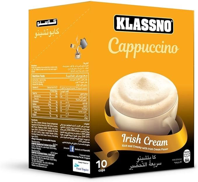 KLASSNO Cappuccino Irish Cream, 10 Sachets, 200g - Indulge in the richness of Irish cream flavor with KLASSNO Cappuccino Irish Cream, 10 Sachets, 200g.