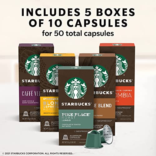 Nespresso Starbucks Capsules, Favorites Variety Pack (Box of 5, 50 Pods, Compatible with Nespresso Original Machines)