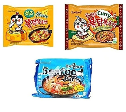 Samyang Korean Buldak Cheese Noodles PK1 & Buldak Seafood Noddles PK1 & Buldak Curry Pk1(420Gm)(Imported) Pack of 3 (Non - Vegetrian)