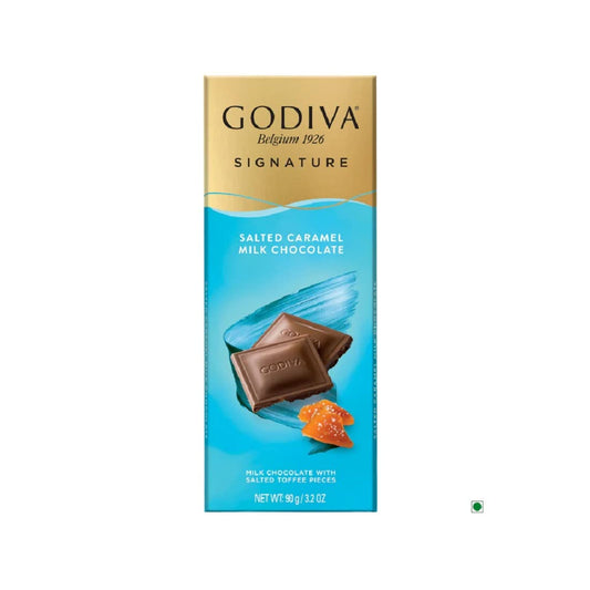 Godiva Signature Salted Caramel Milk Chocolate 90g - Savor the deliciously smooth and creamy milk chocolate with a touch of salted caramel in Godiva's Signature bar