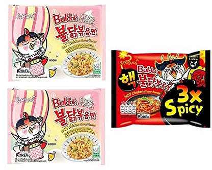 Samyang Buldak CreamCarbonara Noodles 2 & 3XSpicy Noodles 1(Pack of 3) (420gm) (Imported) Instant Noodles Non-vegetarian (3x140 g)(Combo Pack)