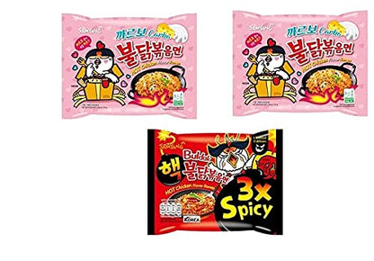 Samyang Korean Ramen Buldak Carbo Flavour Spicy Noodles PacK2 & Buldak Hot Chicken 3X Spicy Noodles PacK1(Pack of 3) (420gm) (Imported) Instant Noodles Non-vegetarian (3x140 g)(Combo Pack)